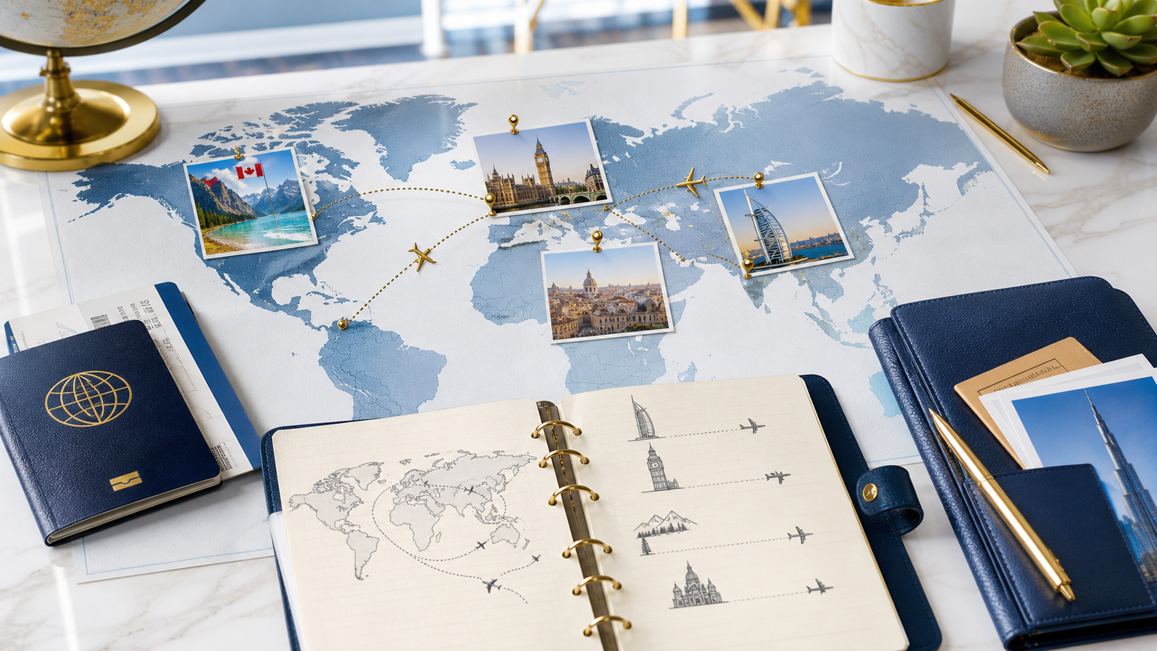 Travel planning board showing routes for the UK, Canada, UAE and Europe