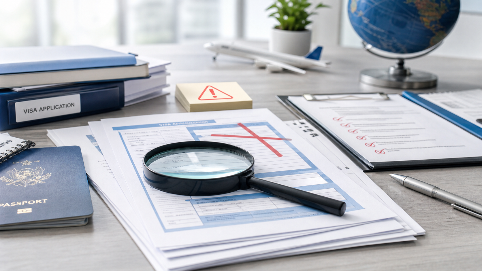 Visa application papers with red review markers on a desk